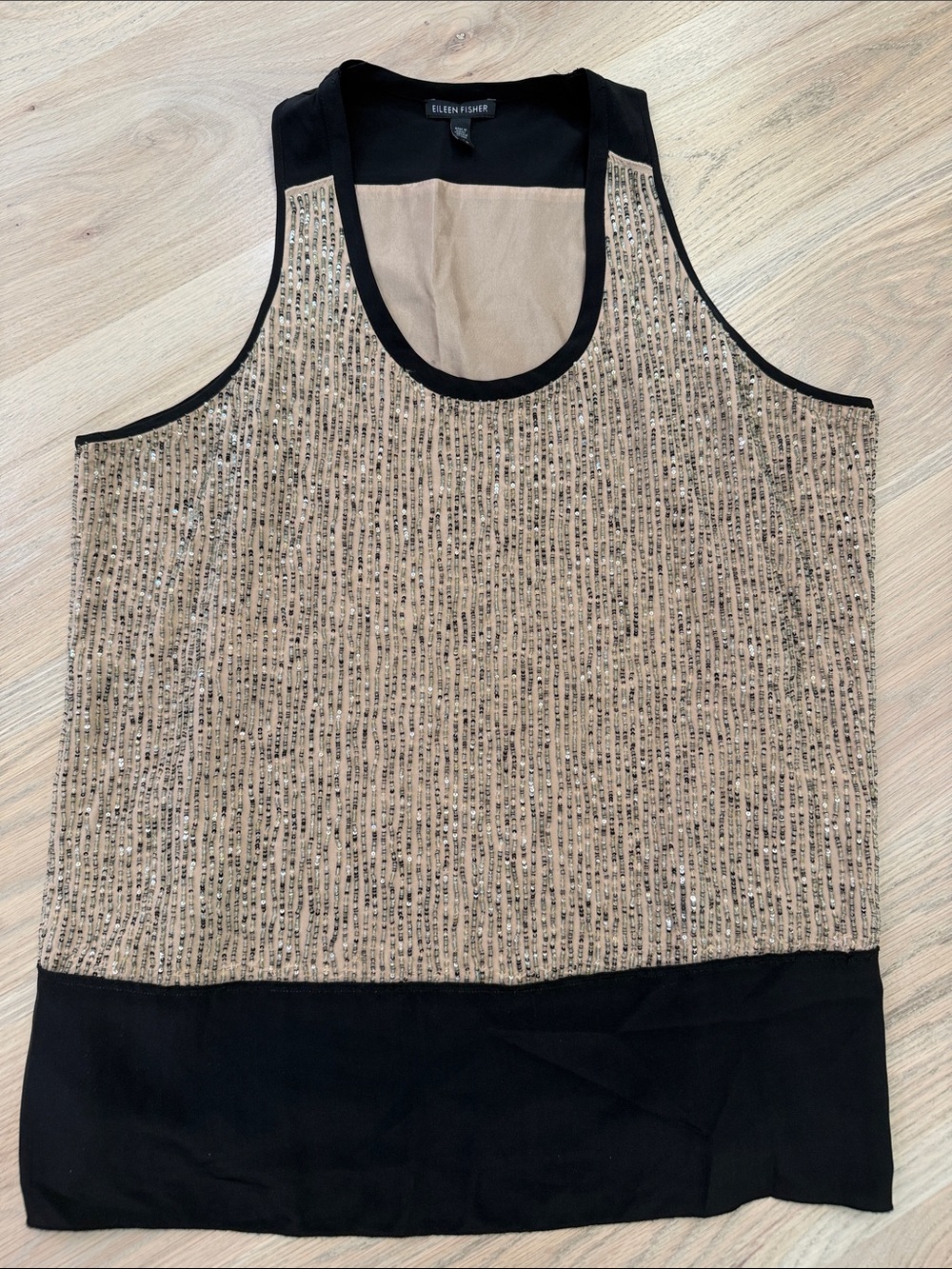 EILEEN FISHER 100% Silk Beaded Sequin Tank Top Camisole Black Nude L